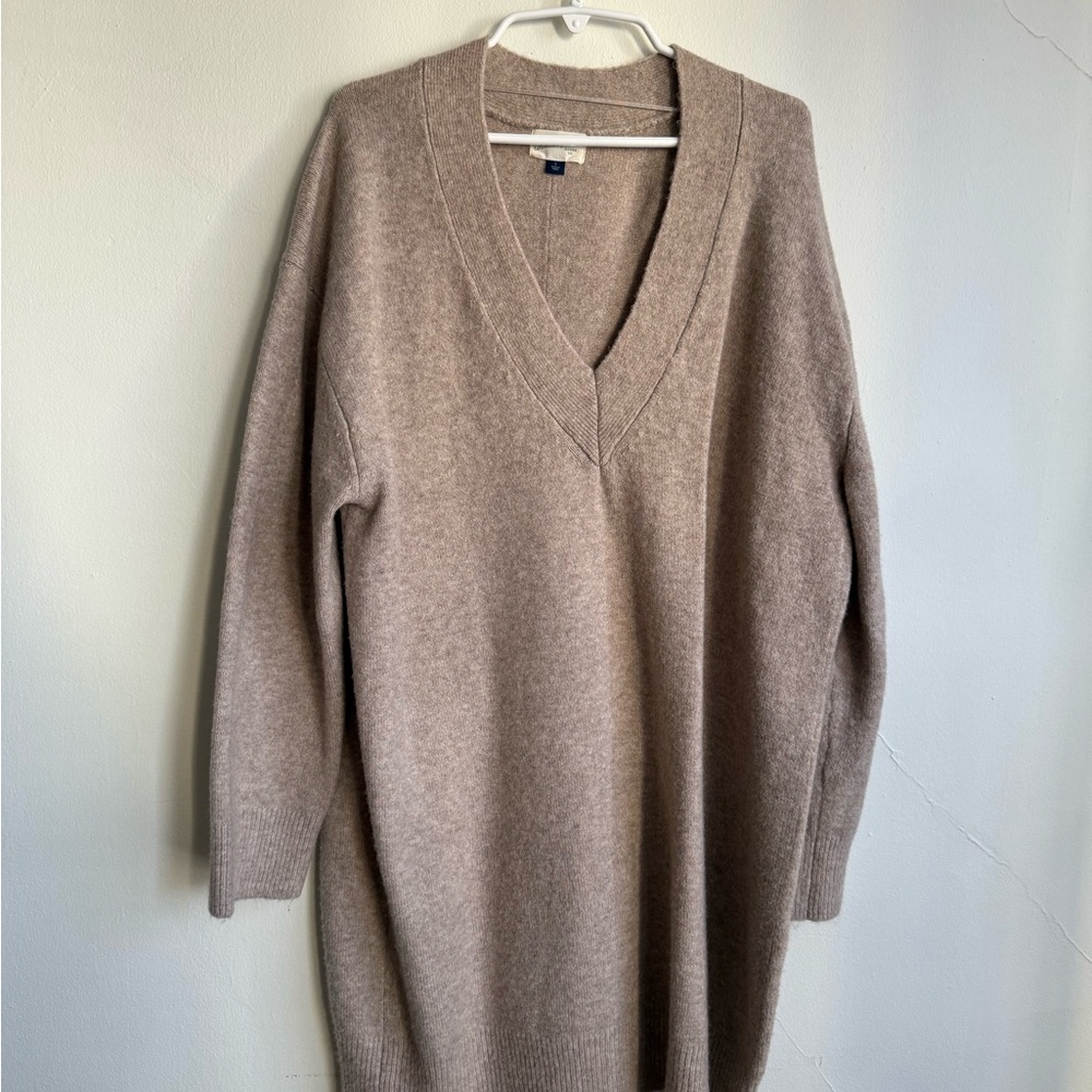 Cozy Tan V-Neck Sweater Dress